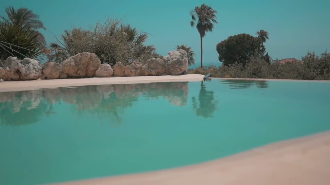 The pool in the lower garden, with rocks, palm trees and the sea behind it