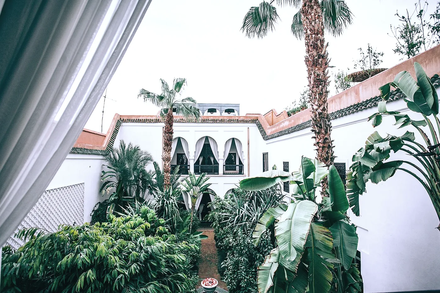 The courtyard seen from a first floor window, with palms, banana plants and white walls