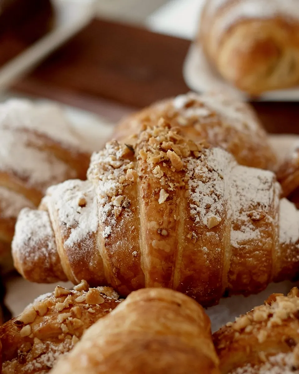 Almond croissants dusted with icing sugar and flaked almonds