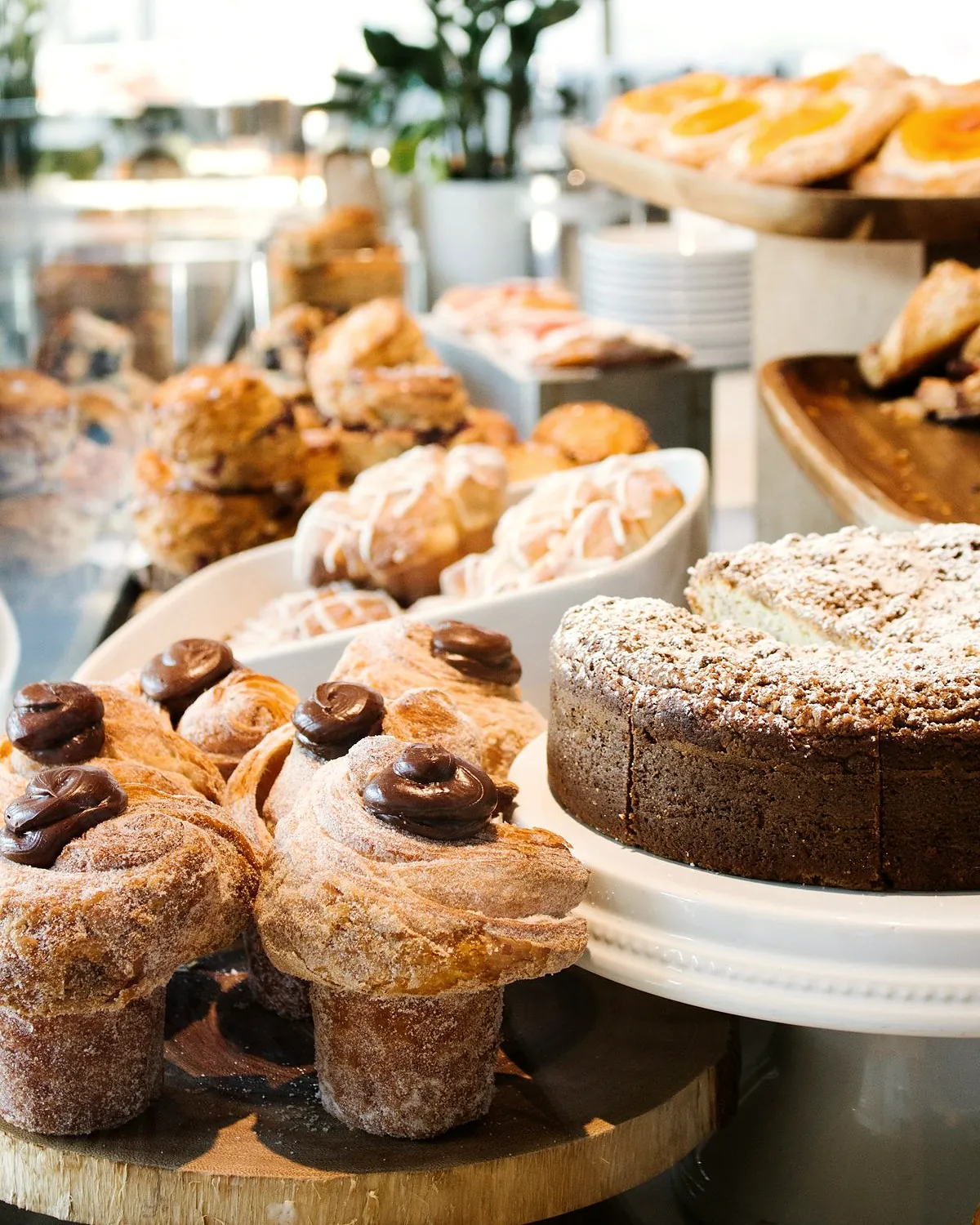 Crumb cake and chocolate muffins on cake stands on the counter