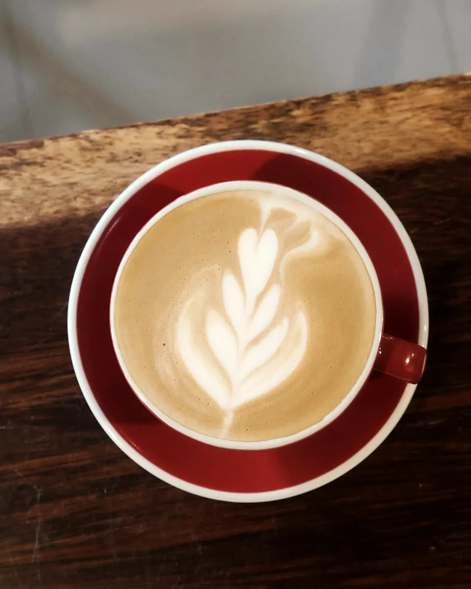 A cappuccino in a red cup with a leaf drawn in the foam