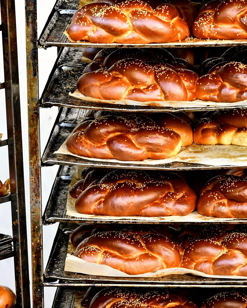 Braided challah loaves with sesame seeds on a tall baking rack