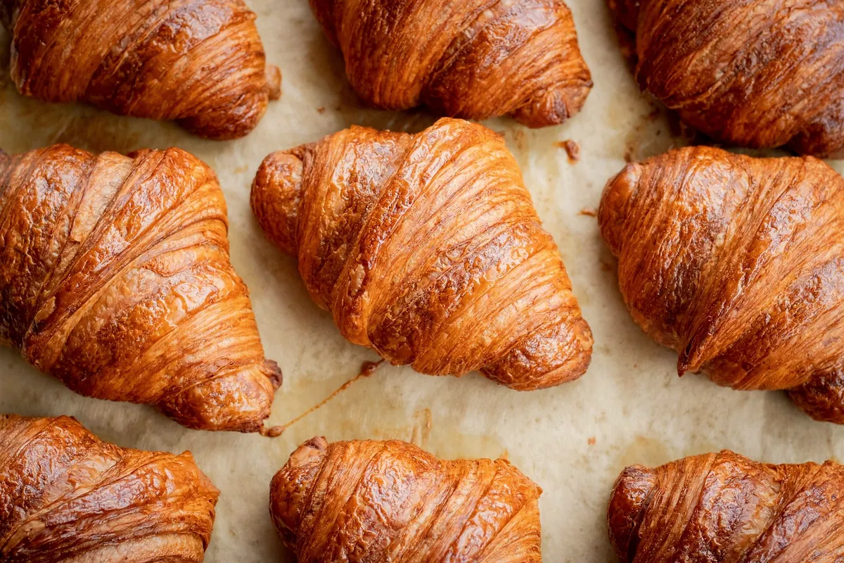 Rows of croissants on baking paper, straight out of the oven