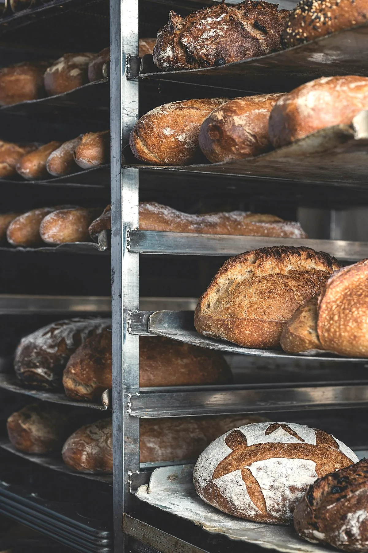 A tall steel baking rack filled with loaves of bread
