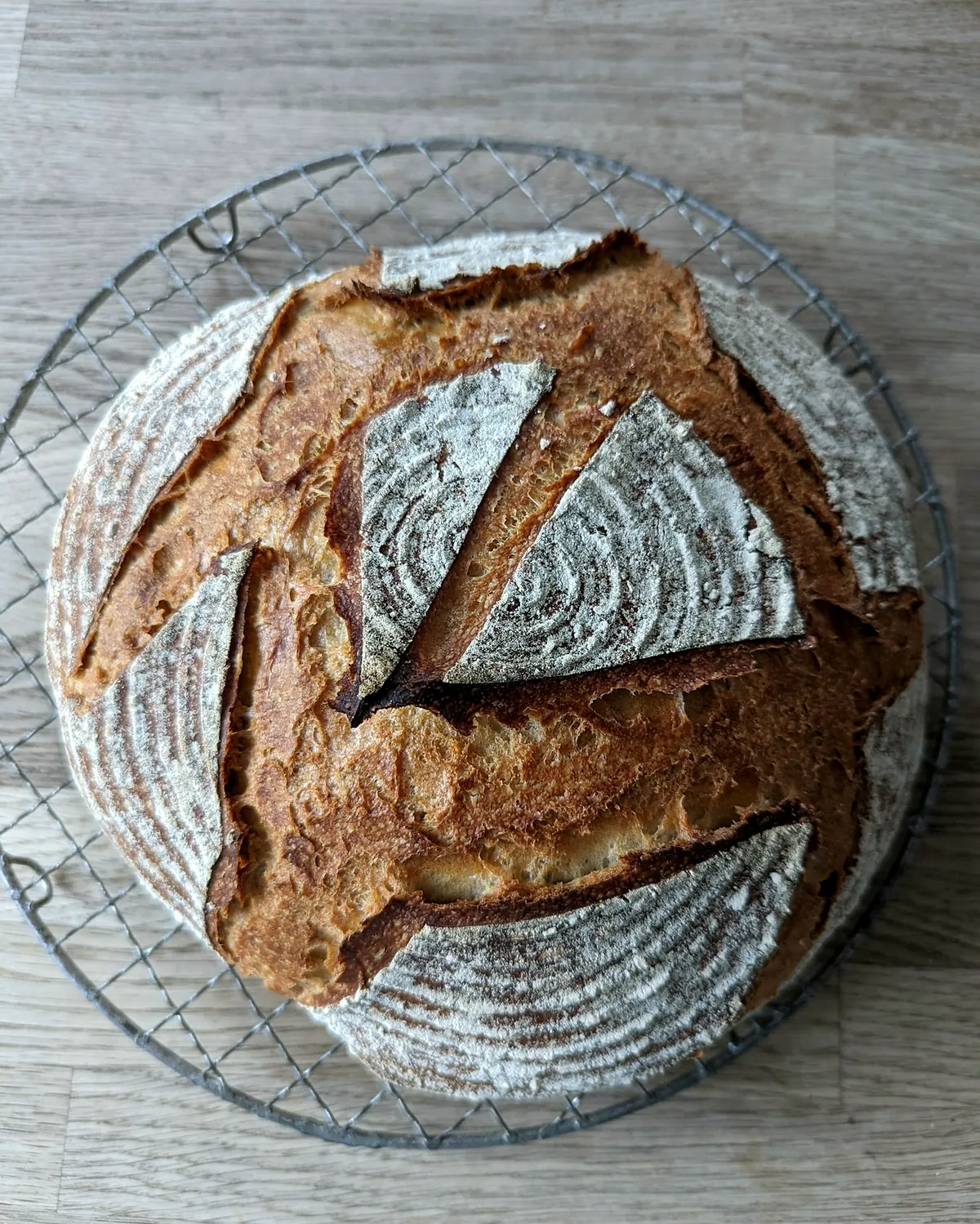 A round sourdough loaf with a deep cross cut, seen from above on a cooling rack