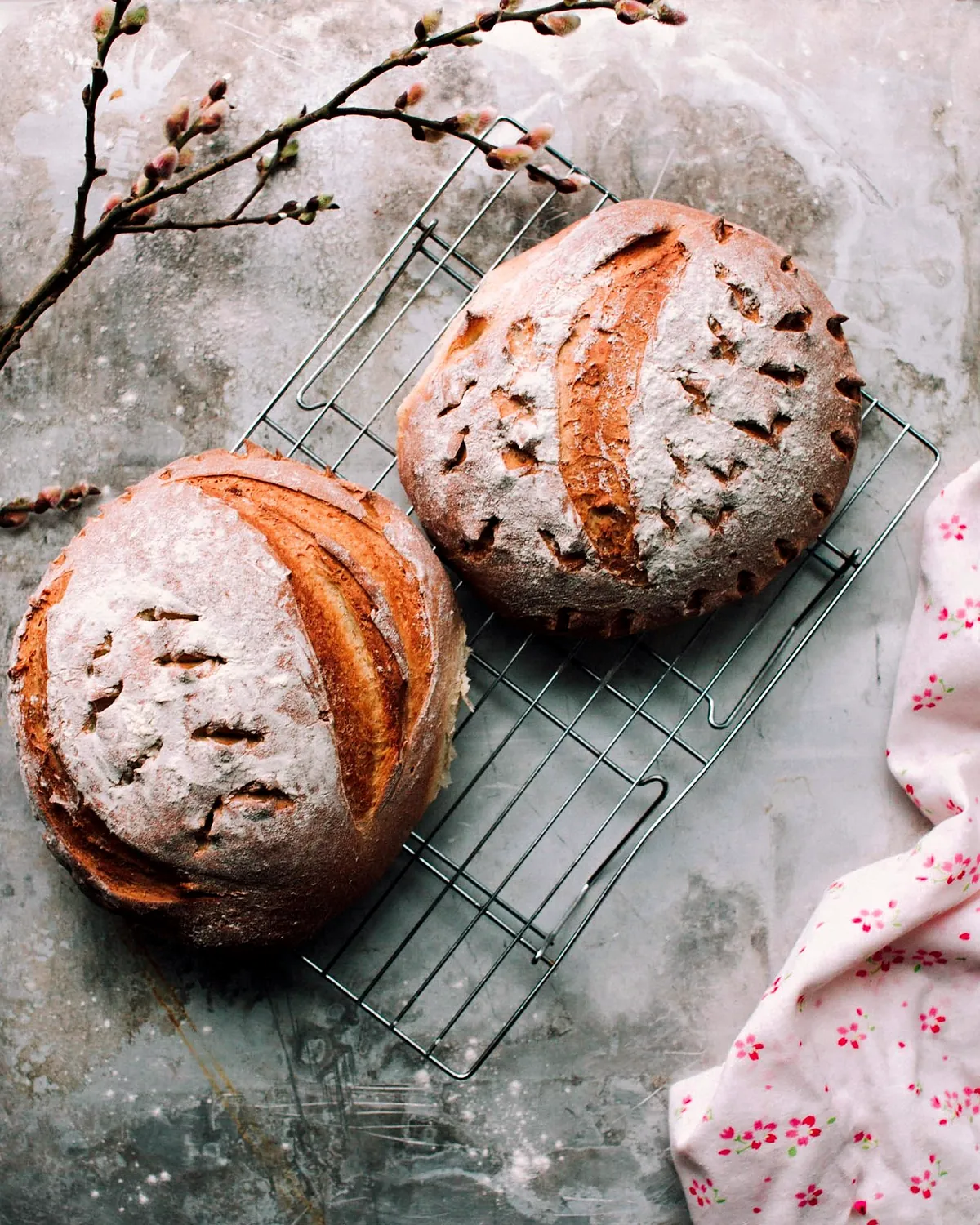Two spelt sourdough loaves on a wire rack next to a folded cloth