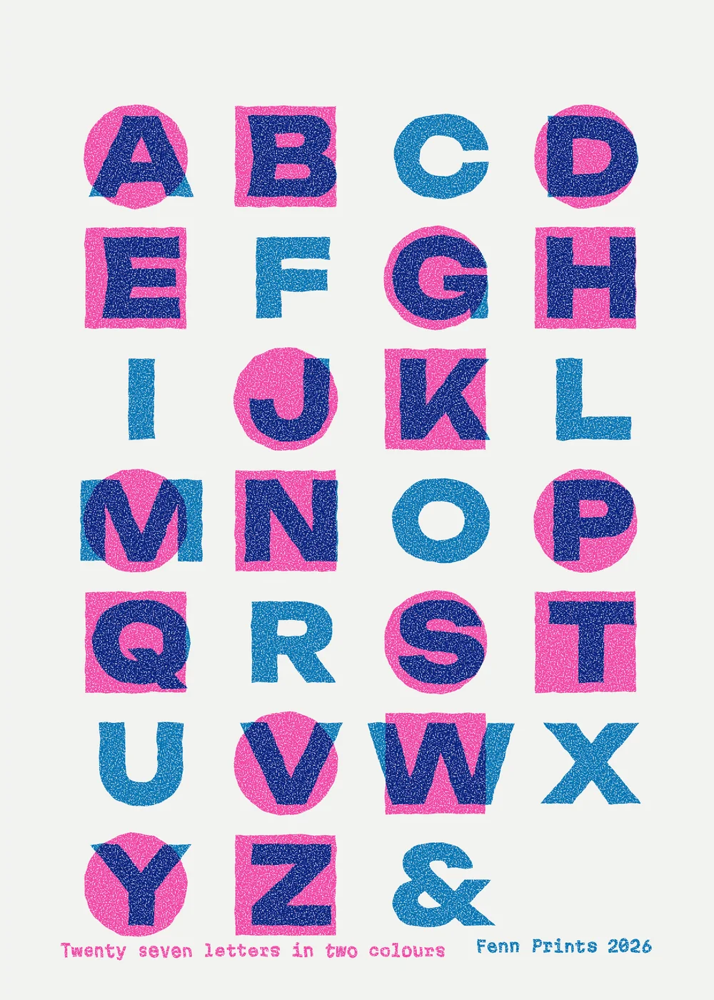 Alphabet poster, screen printed poster, 2 colours, original artwork by Fenn Prints.
