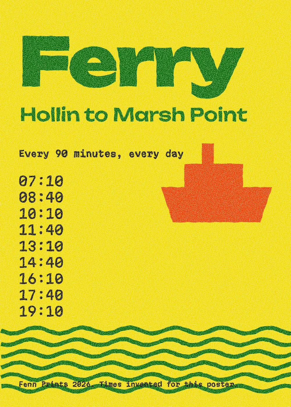Ferry timetable poster, screen printed poster, 4 colours, original artwork by Fenn Prints.