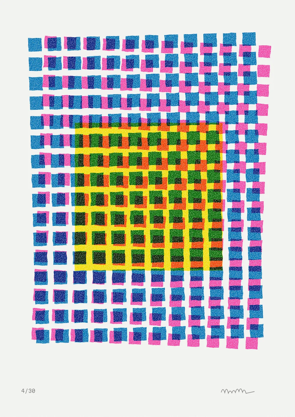 Grid study in blue and pink, screen print, 3 colours, original artwork by Fenn Prints.