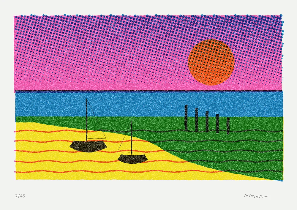 Harbour at low tide, screen print, 4 colours, original artwork by Fenn Prints.