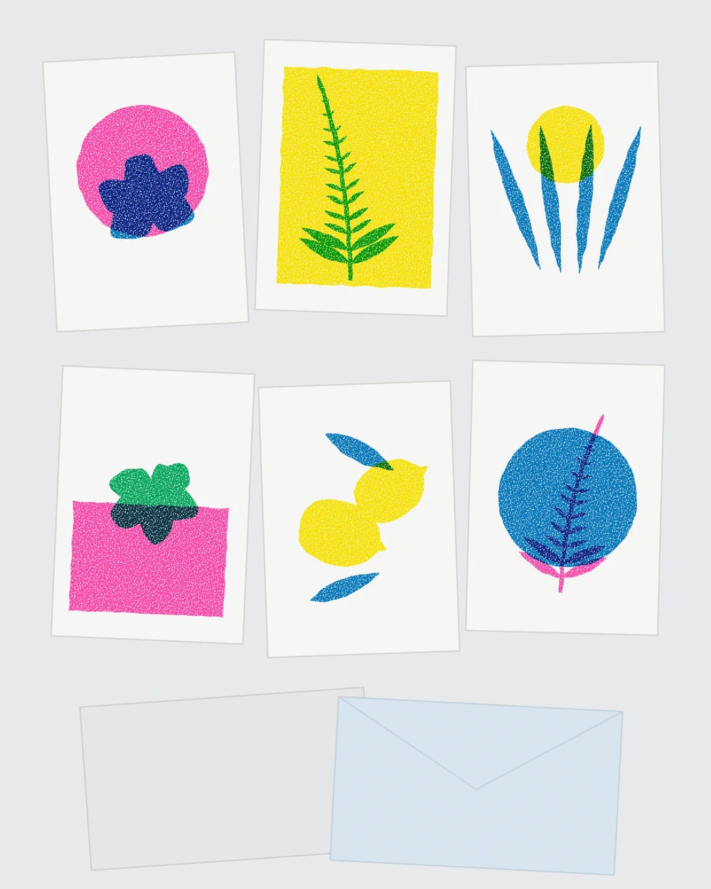 Leaf cards, pack of six, six screen printed cards, original artwork by Fenn Prints.