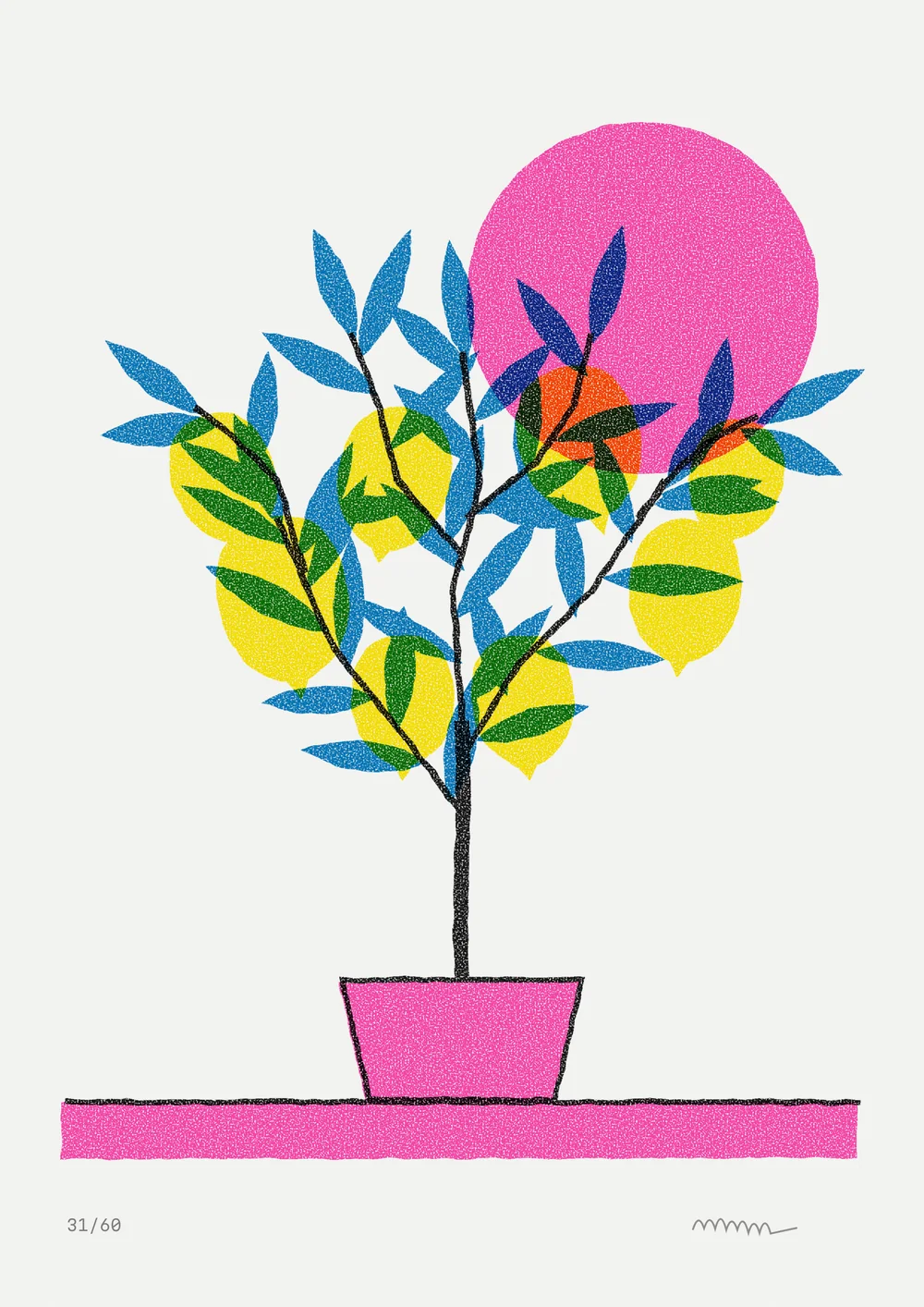Lemon tree, screen print, 4 colours, original artwork by Fenn Prints.