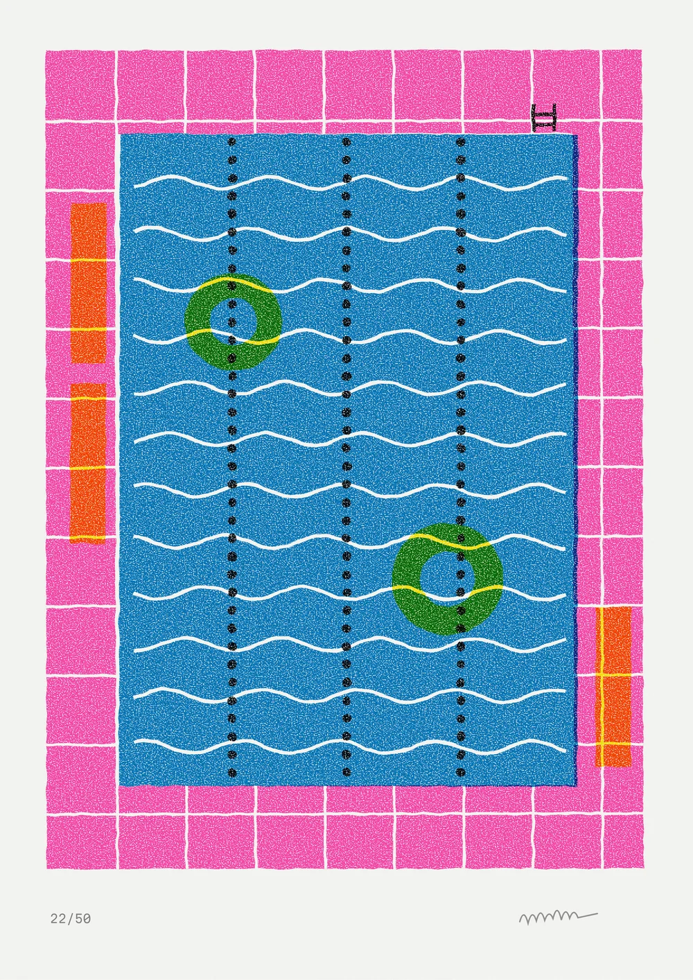 Lido from the high board, screen print, 4 colours, original artwork by Fenn Prints.