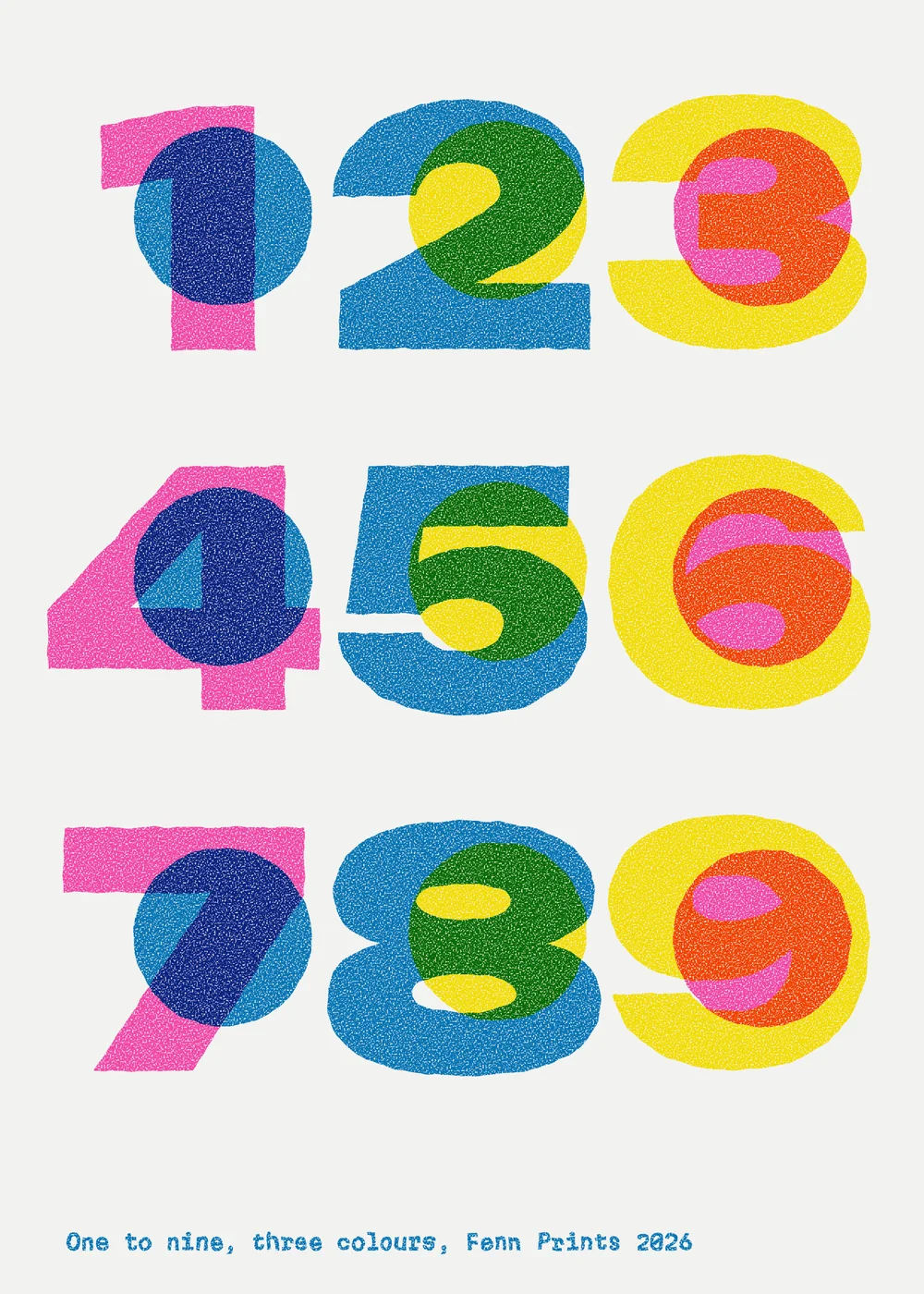 Numbers poster, screen printed poster, 3 colours, original artwork by Fenn Prints.