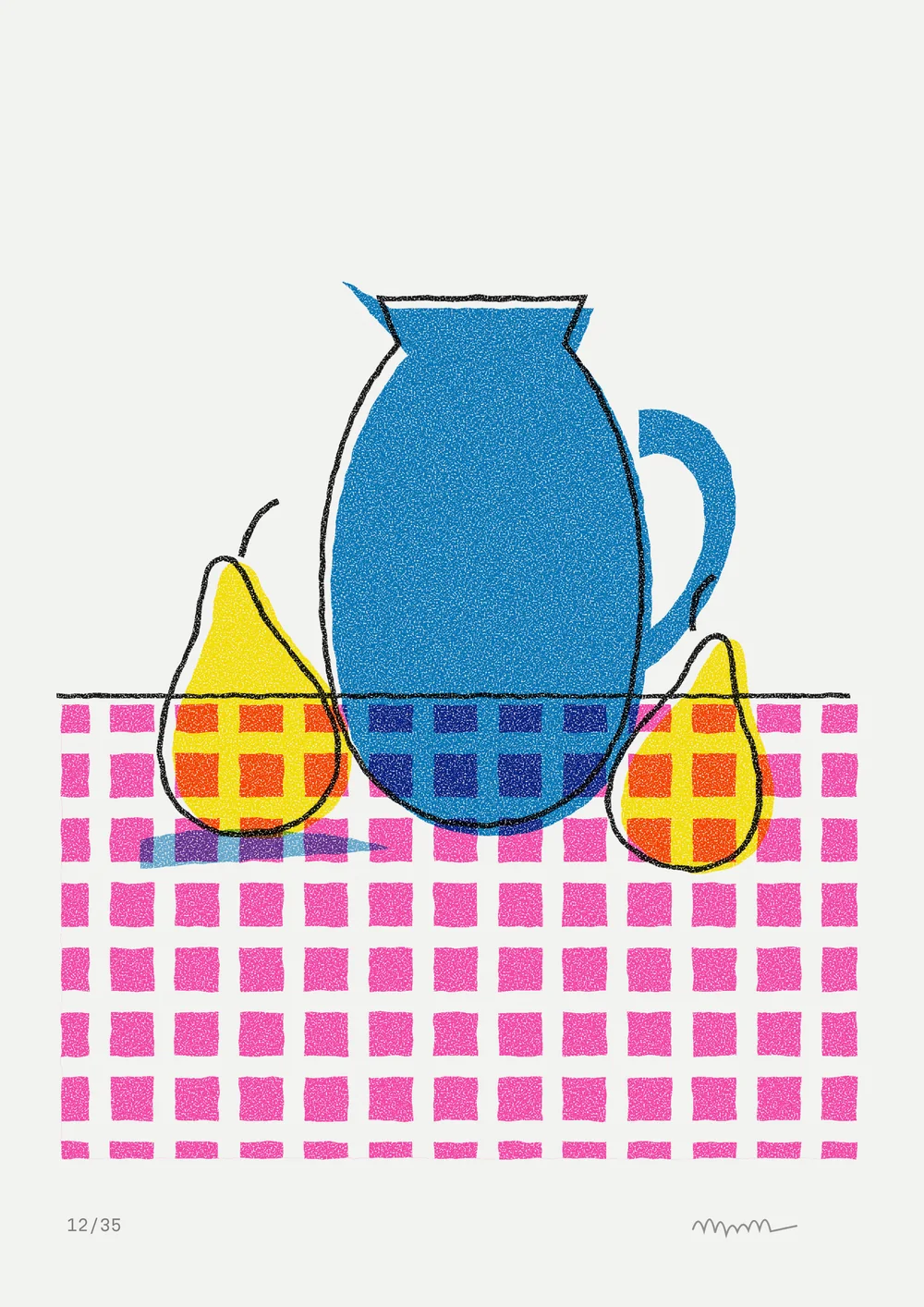 Pears and a jug, screen print, 4 colours, original artwork by Fenn Prints.