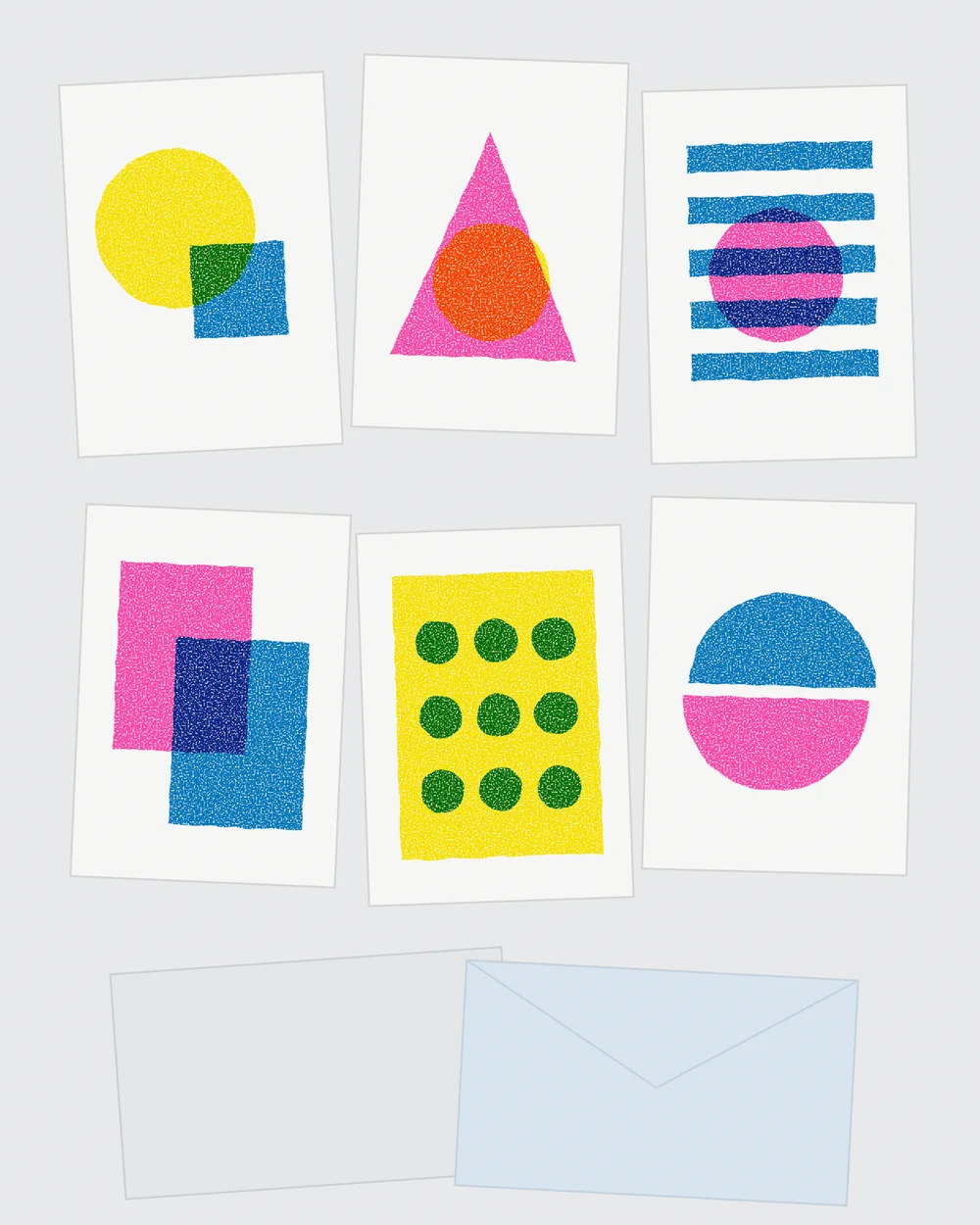Shape cards, pack of six, six screen printed cards, original artwork by Fenn Prints.