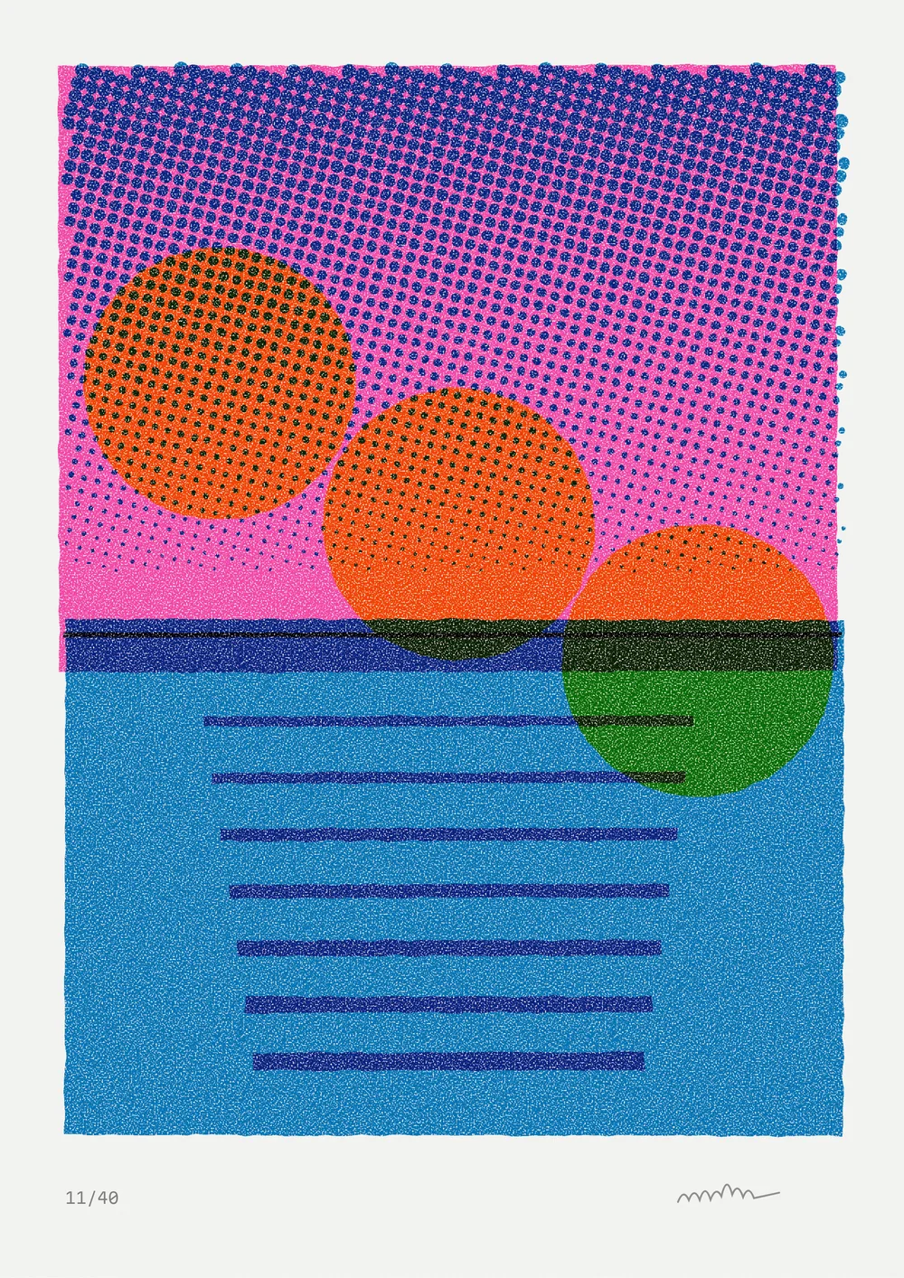 Three suns, screen print, 4 colours, original artwork by Fenn Prints.