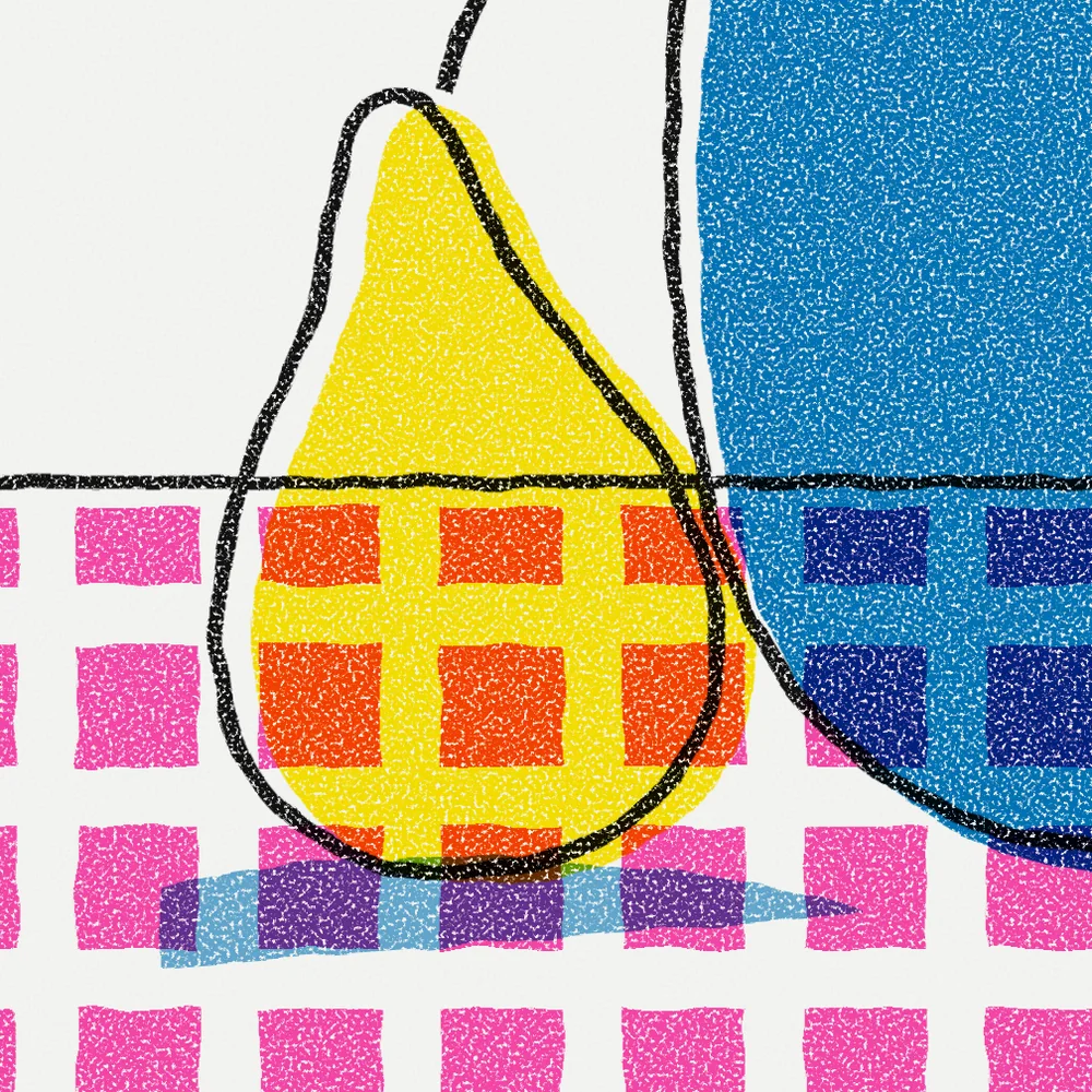 Close up of the ink on Pears and a jug.