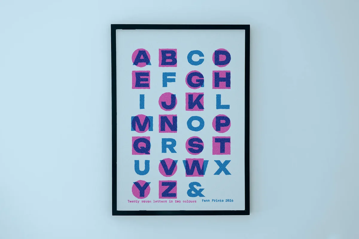 Alphabet poster in 70 x 100 cm with a black frame.