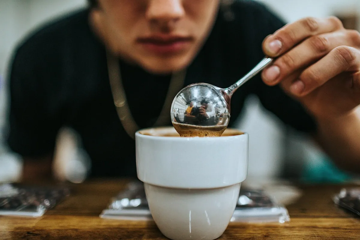A taster lowering a cupping spoon into a white bowl of coffee