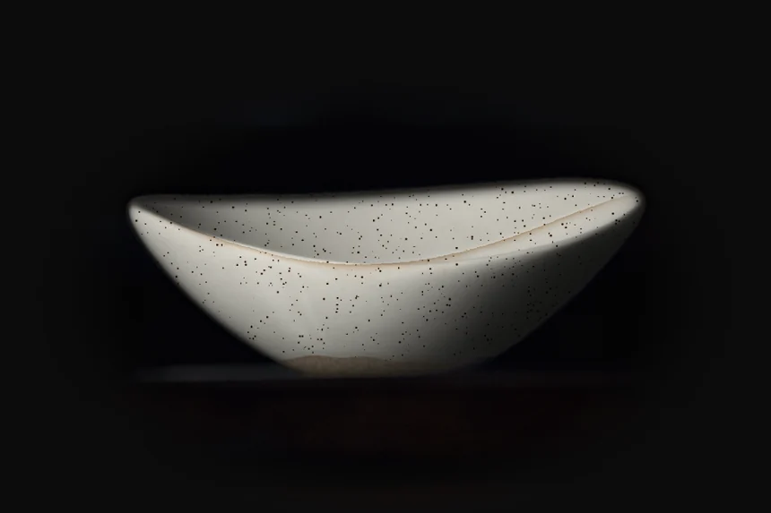 Oval stoneware bowl in speckled white glaze, lit from the left on a dark shelf
