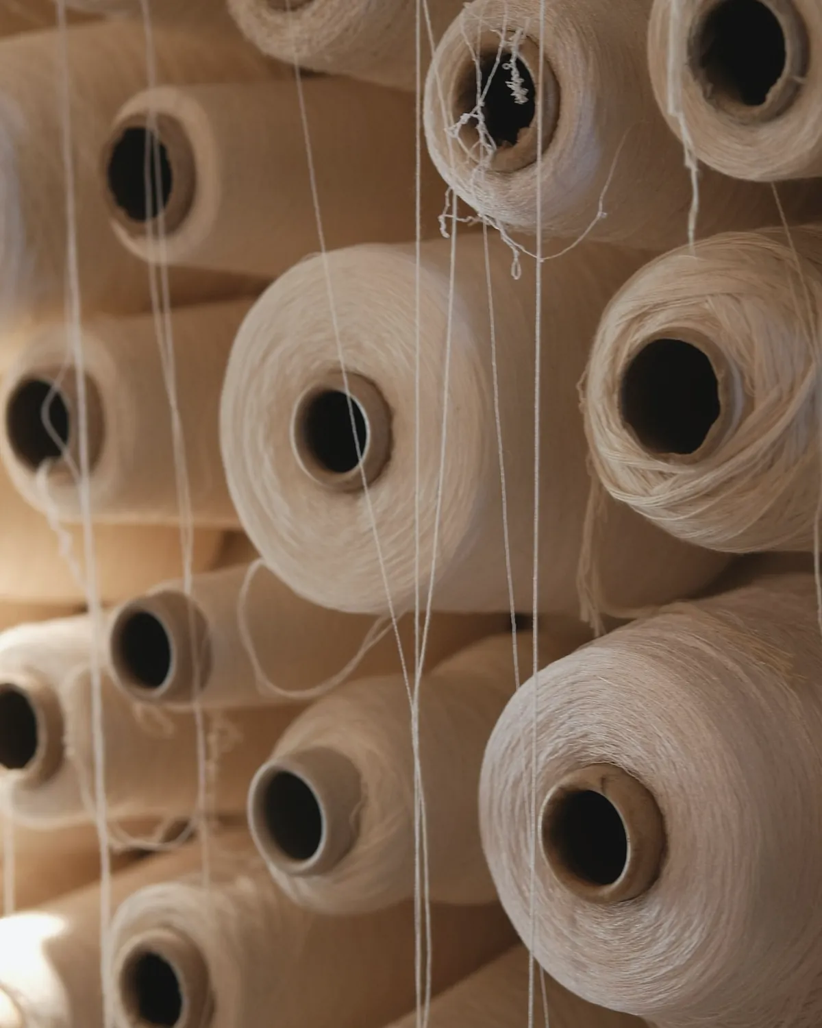 Cones of undyed flax yarn on a rack at the mill, threads running up to the loom