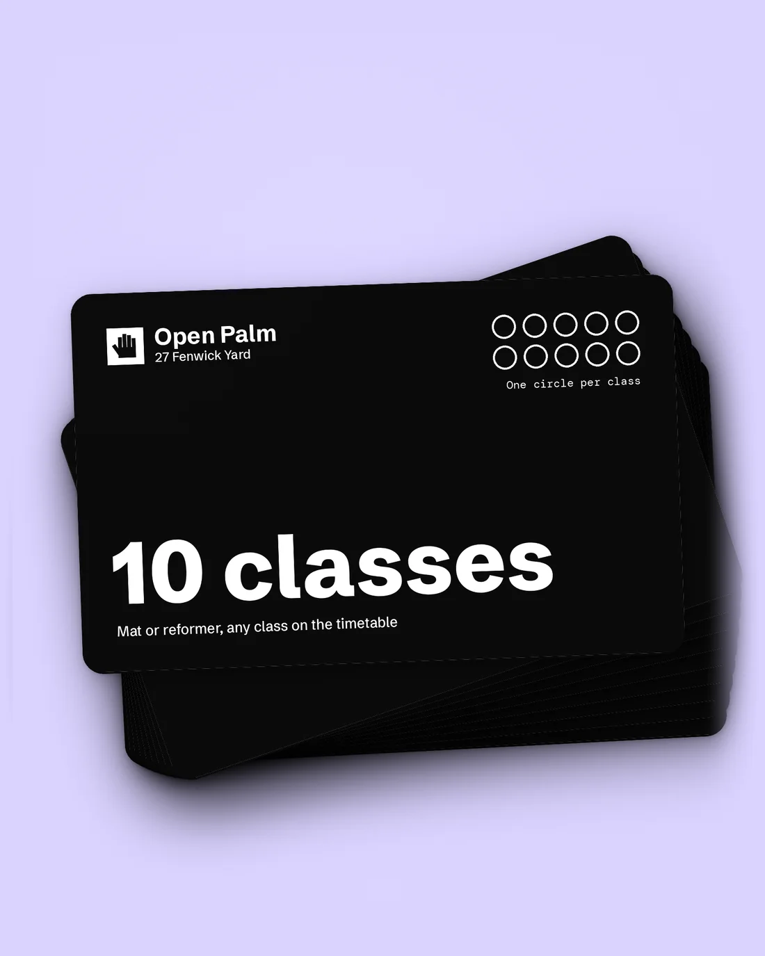 A stack of ten black class cards on a lilac background, the top card reads 10 classes