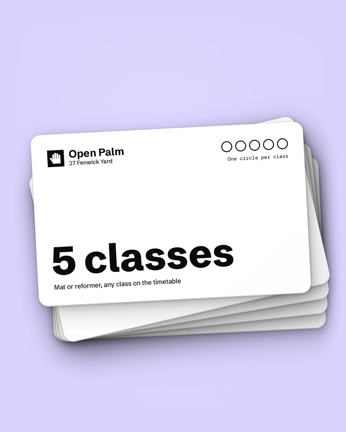 Five white class cards stacked on a lilac background, the top card reads 5 classes