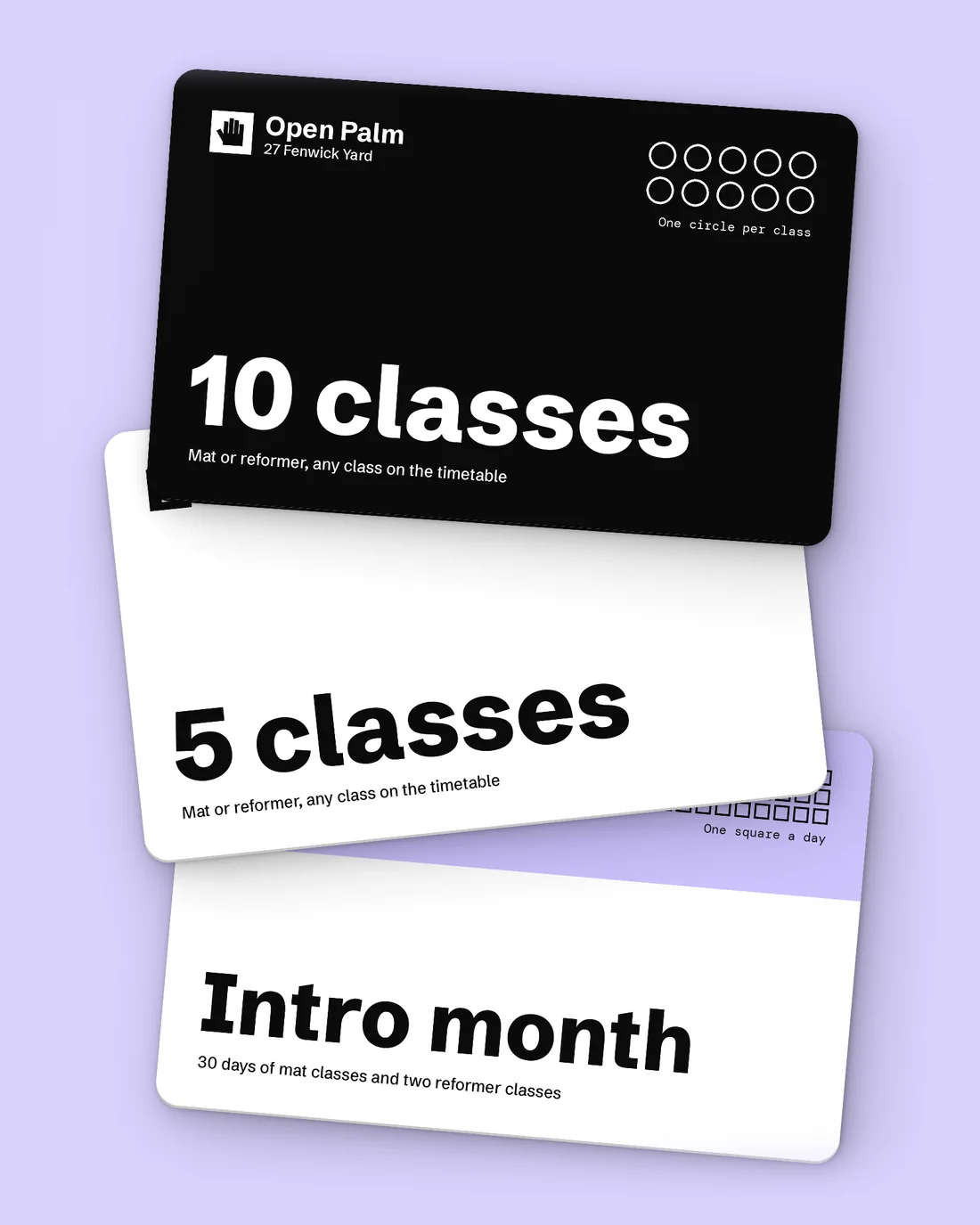 Three Open Palm class cards on a lilac background, for 10 classes, 5 classes and the intro month