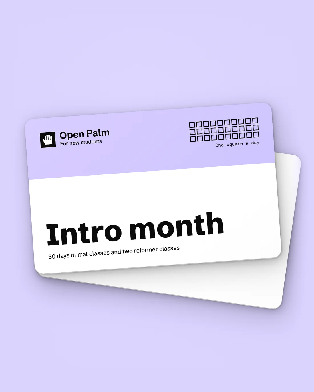 An Open Palm intro month card with a grid of 30 squares, resting on a plain white card