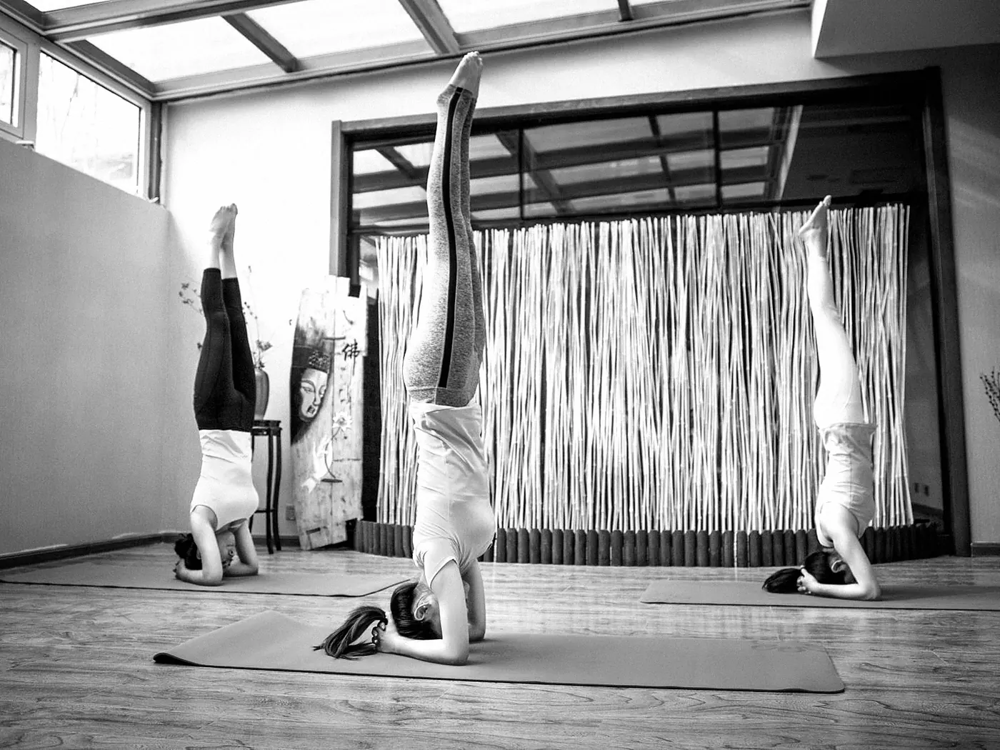 Three people holding headstands on mats in a bright room