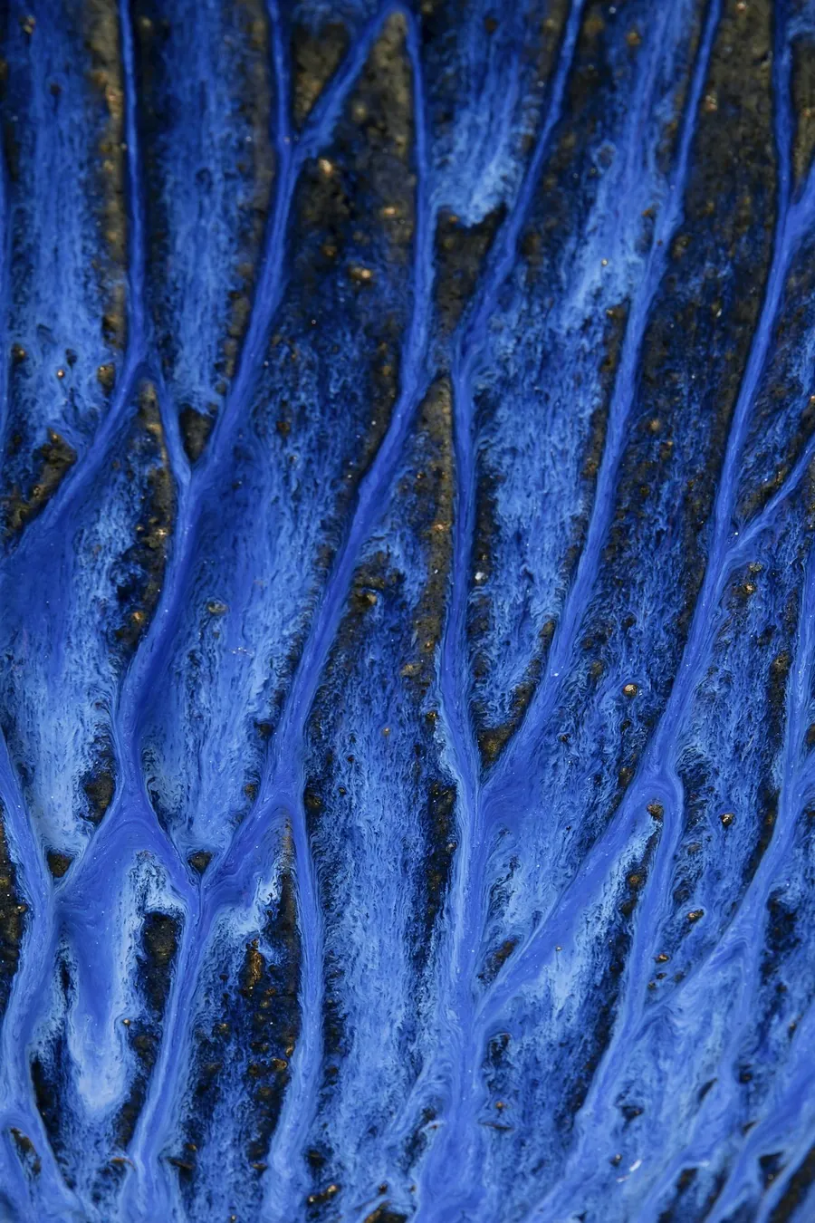 Bright cobalt blue glaze running in branching lines over a dark speckled body