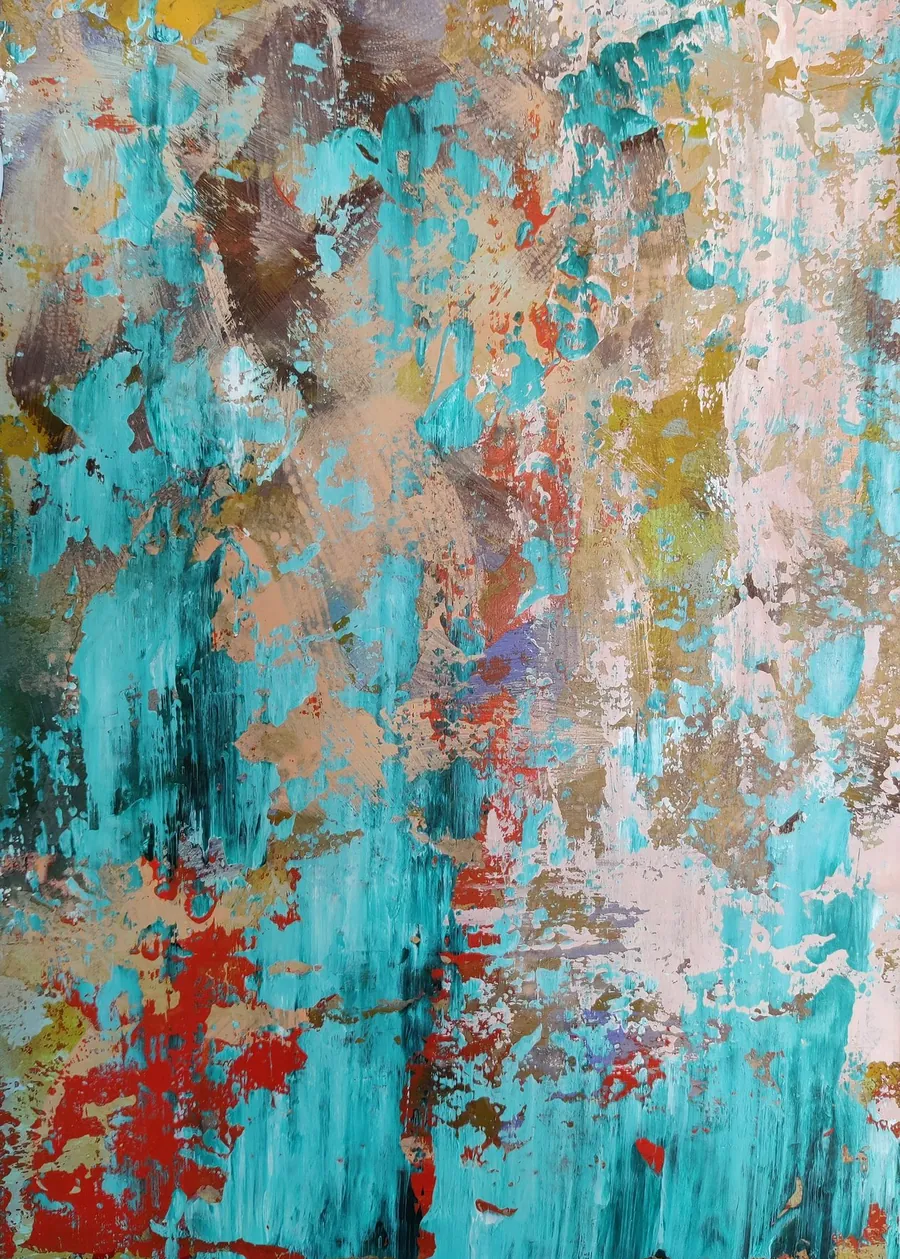 Turquoise and pale pink layers scraped back to show red and ochre underneath