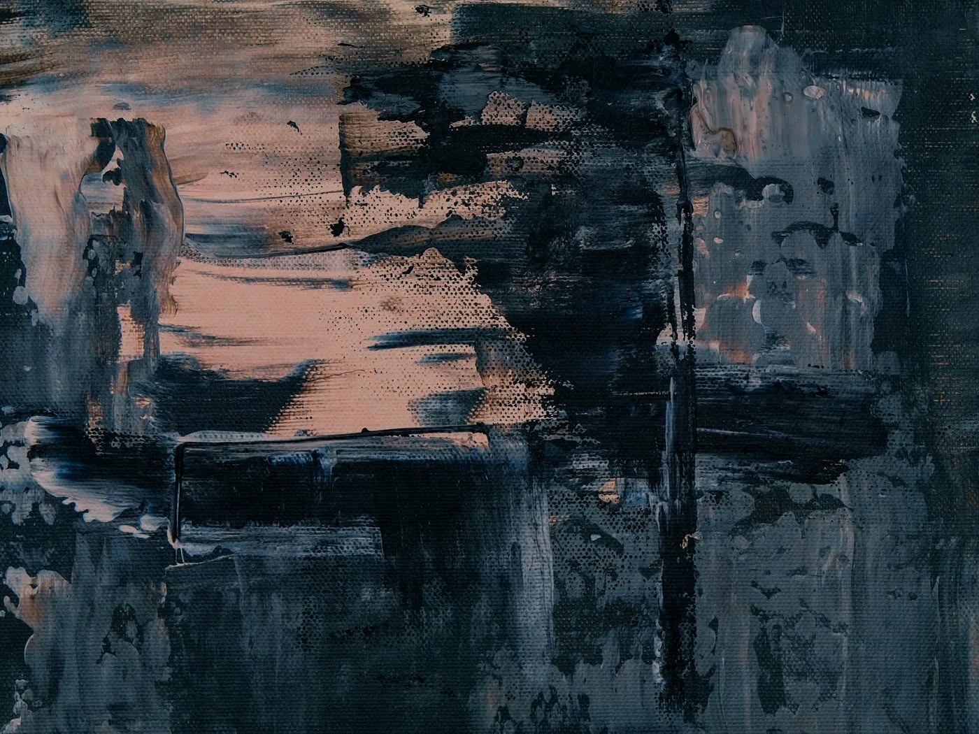 Dark navy brushwork with patches of dusty pink coming through
