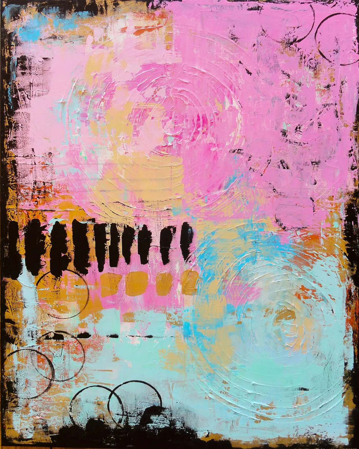 Pink and pale turquoise fields with a row of black marks and drawn circles, inside dark edges