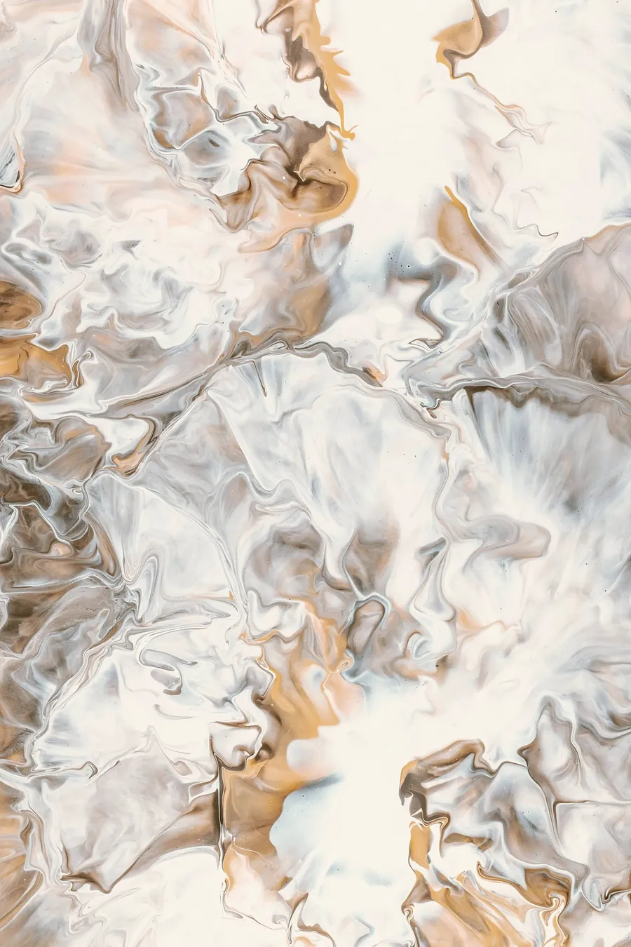 Pale poured painting in white and cream with folds of ochre and grey