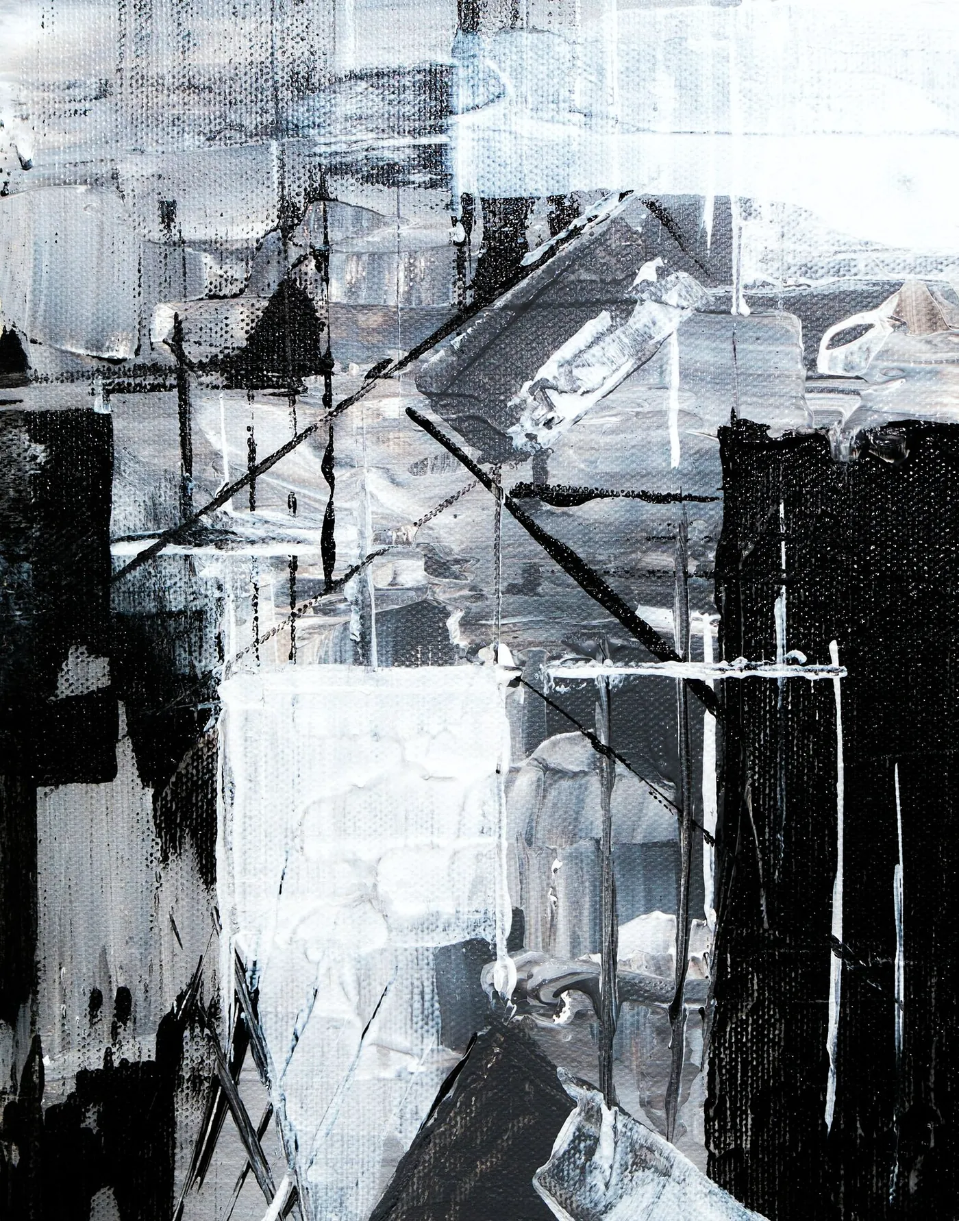 Black and white painting of crossing lines, dark blocks and scraped white paint