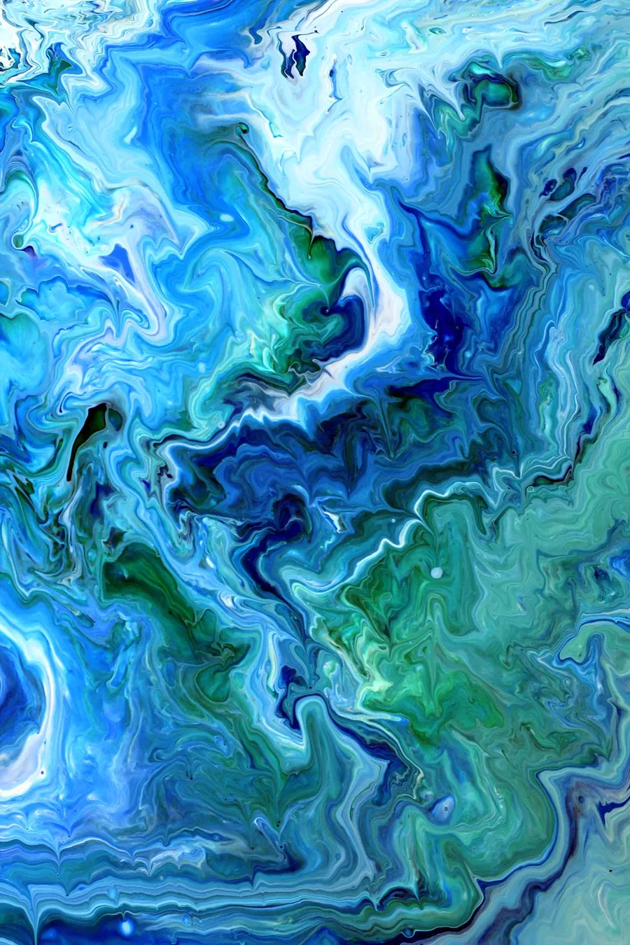 Poured paint swirling in blue, turquoise and green, with thin white lines between the colours