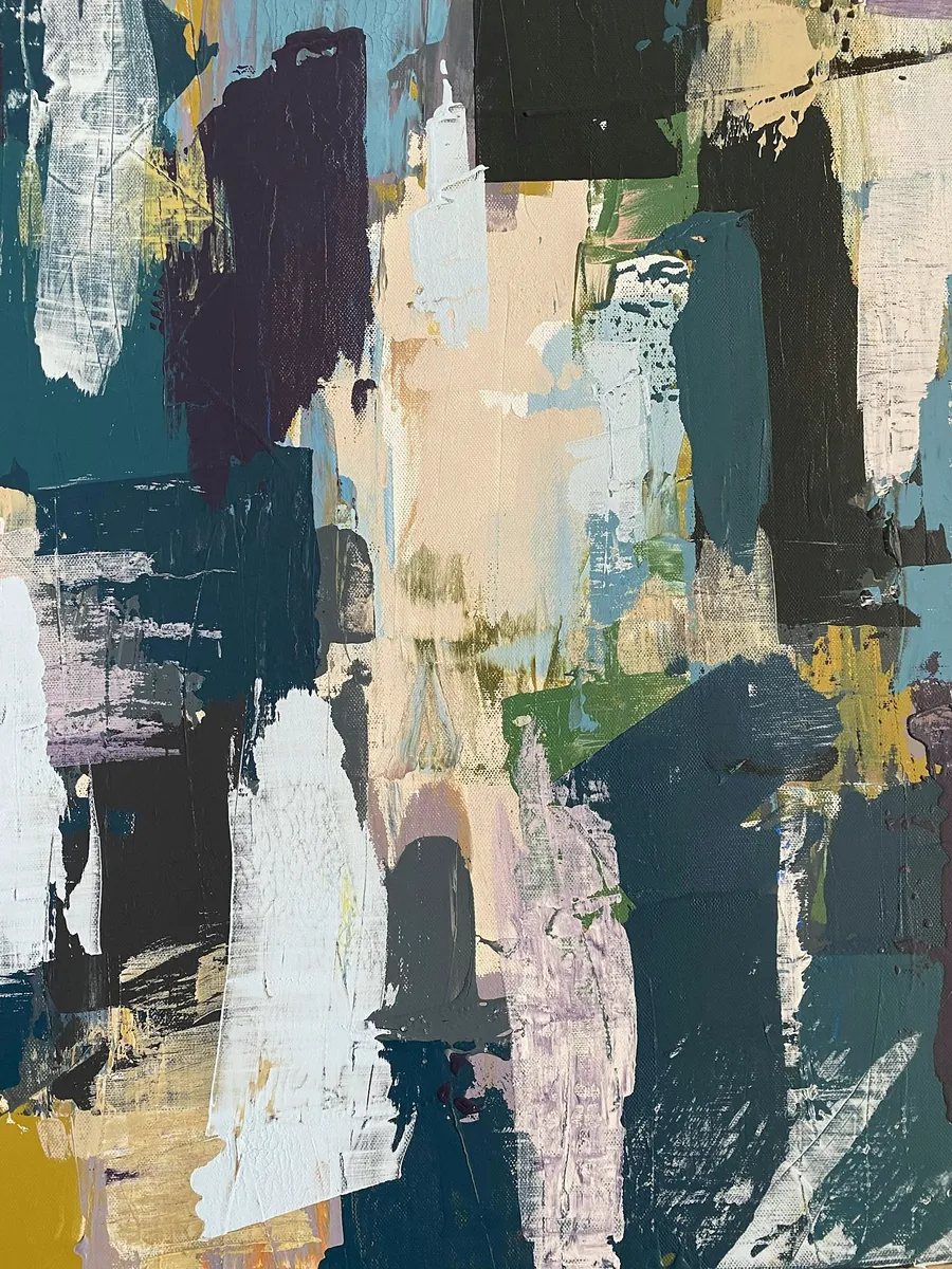 Collage of torn vertical strips in navy, cream, mauve and dark green