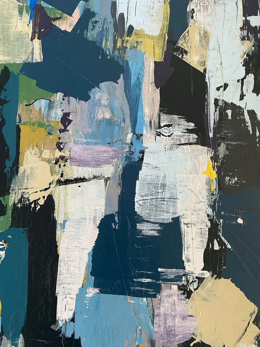Collage of torn painted paper in dark teal, black, cream and pale blue