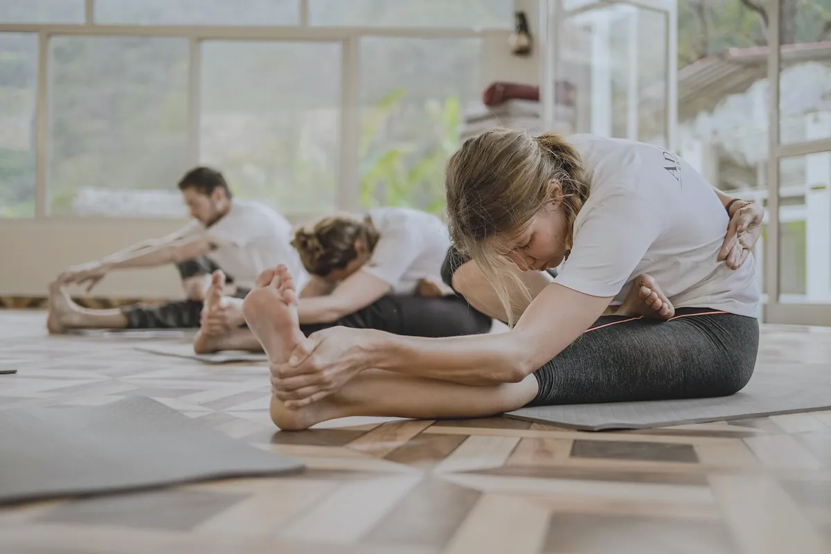 Three people folding forward over straight legs on mats in a bright room