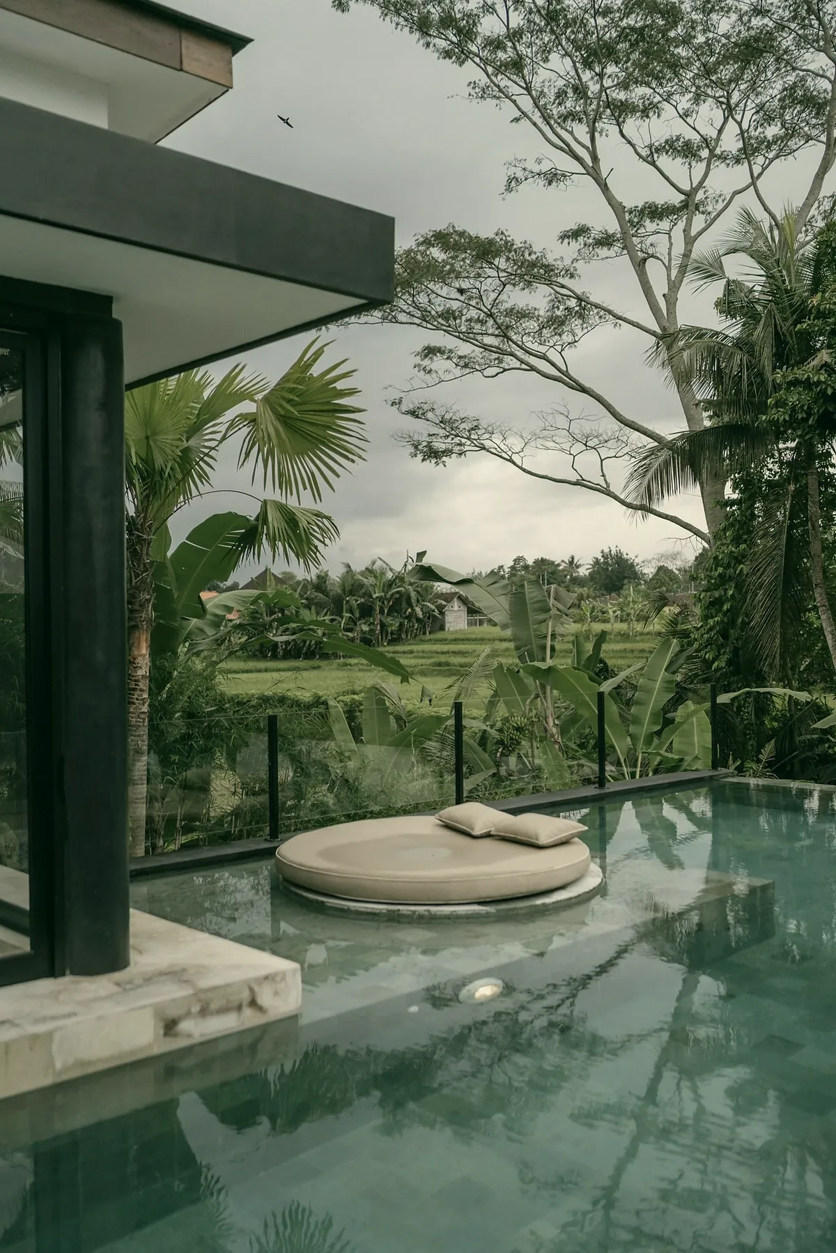 A pool beside a modern villa, with a round daybed in the water and rice fields beyond the glass rail