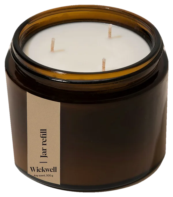 A large amber jar with a kraft label that reads Jar refill