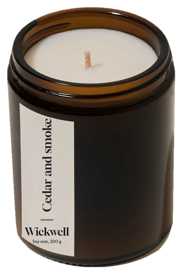Cedar and smoke, small amber jar with a cotton wick and a Wickwell label