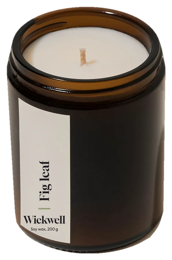 Fig leaf, small amber jar with a cotton wick and a Wickwell label