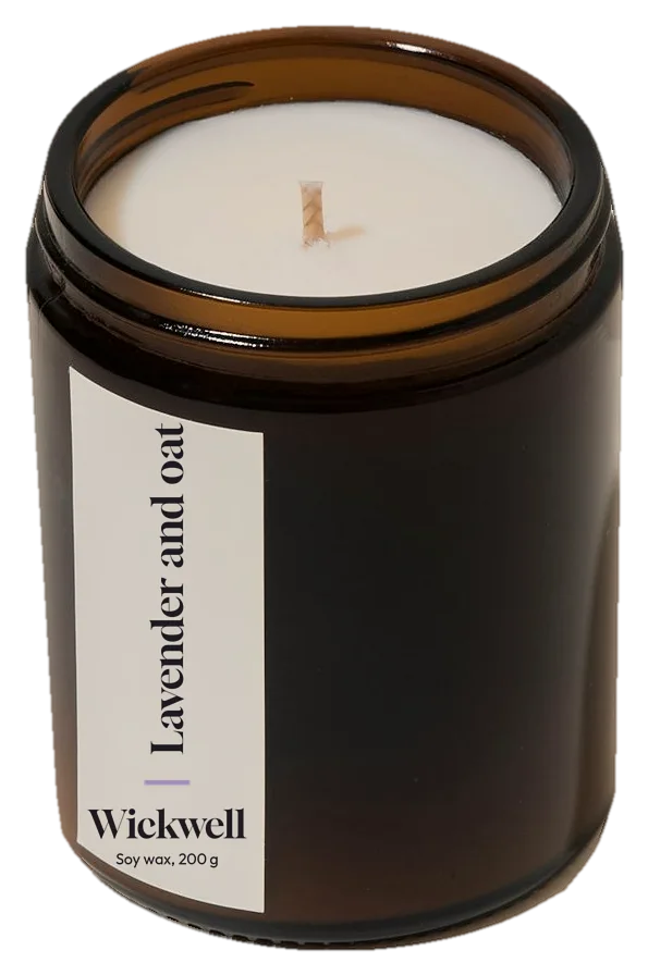 Lavender and oat, small amber jar with a cotton wick and a Wickwell label