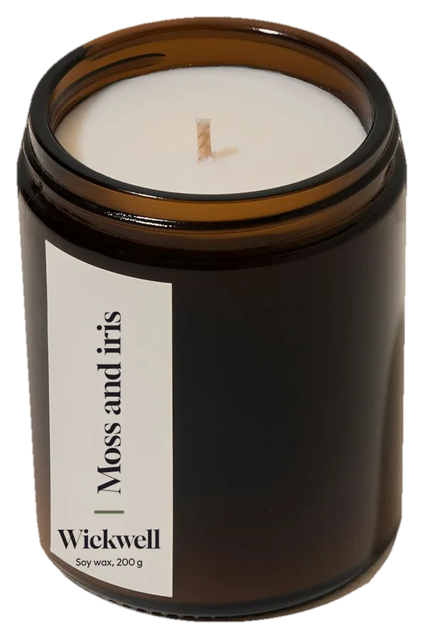 Moss and iris, small amber jar with a cotton wick and a Wickwell label