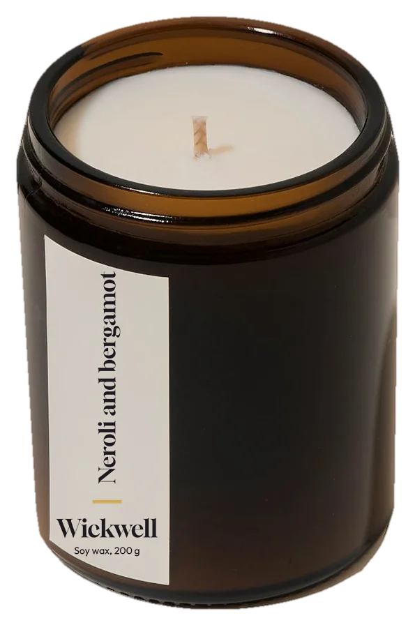 Neroli and bergamot, small amber jar with a cotton wick and a Wickwell label