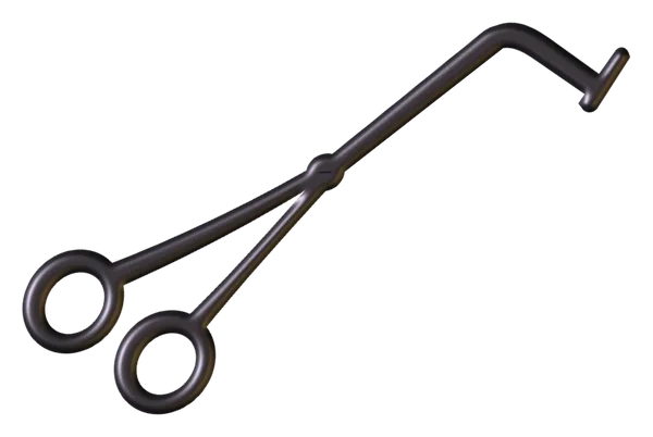 A black steel wick trimmer with two finger loops and an angled head