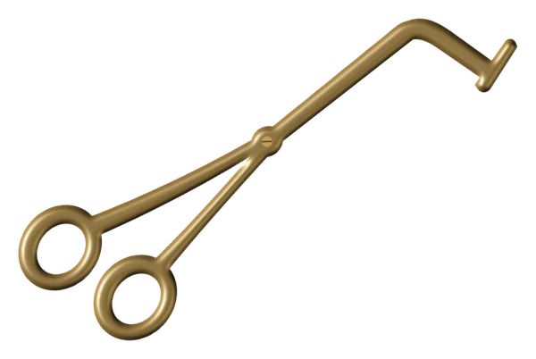 A brass wick trimmer with two finger loops and an angled head